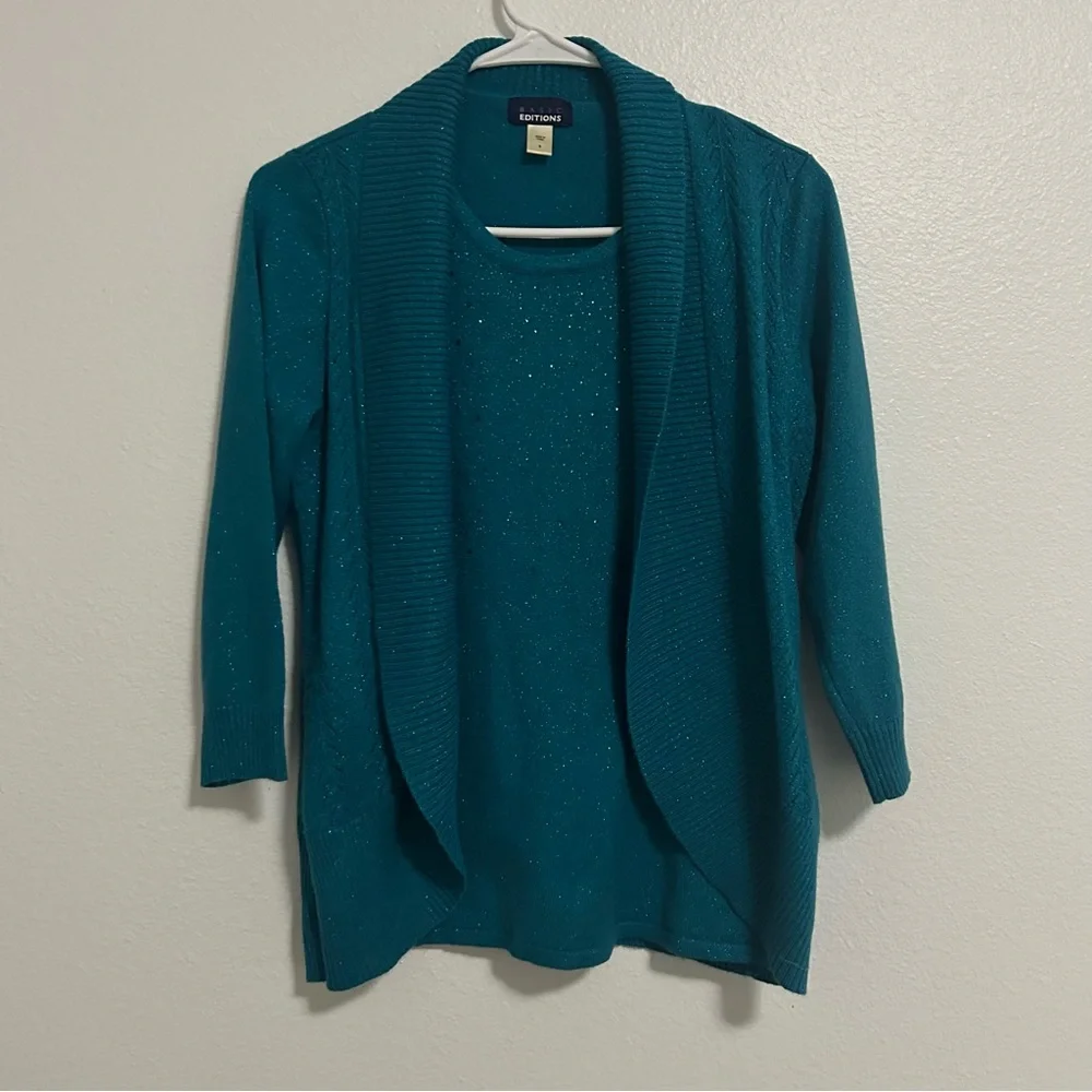 Shimmering Rhinestone Teal Sweater Cardigan Sweater - Picture 1 of 7